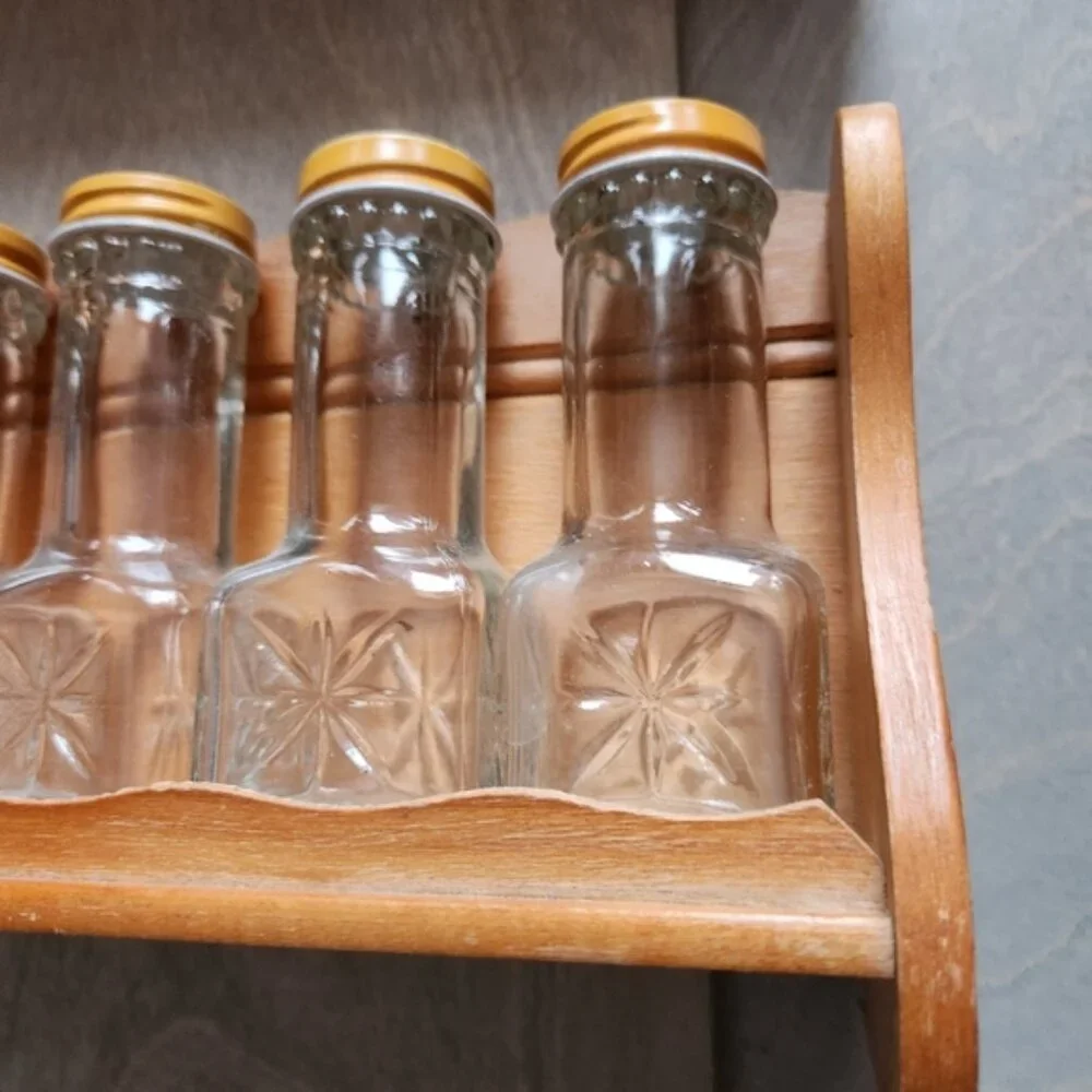 70's Wooden Spice‎ Rack with Glass Jars